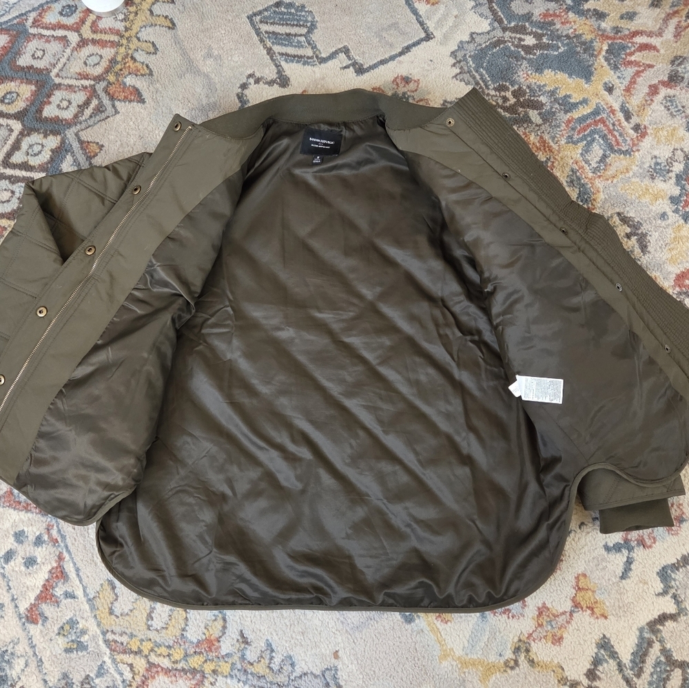Banana Republic Nylon Quilted Jacket Water Resistant Snap Zip Bomber Green Small - Picture 10 of 14